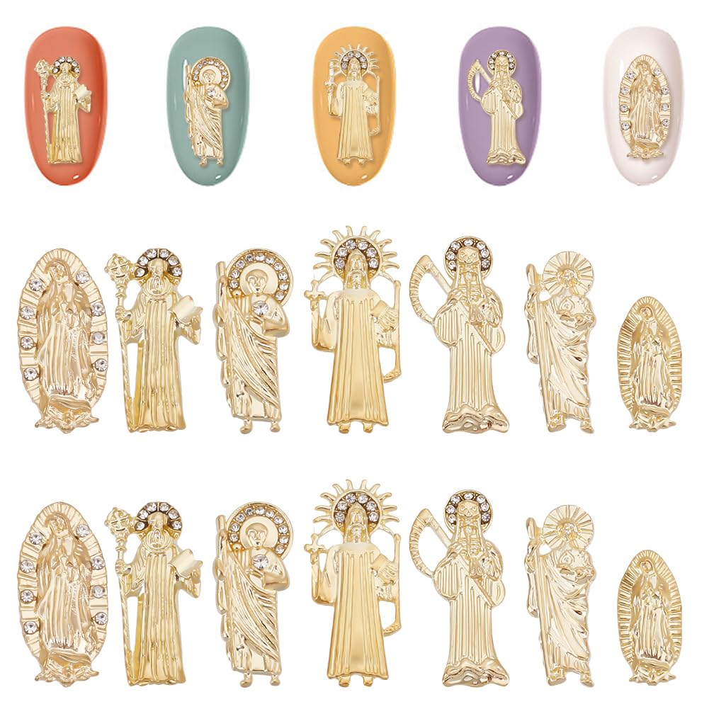 OLYCRAFT14pcs 7 Style Virgin Mary Nail Art Charms - Gold Alloy Nail Art Studs & Decorations - Religious Theme Rhinestones Accessories for DIY Crafts & Manicure