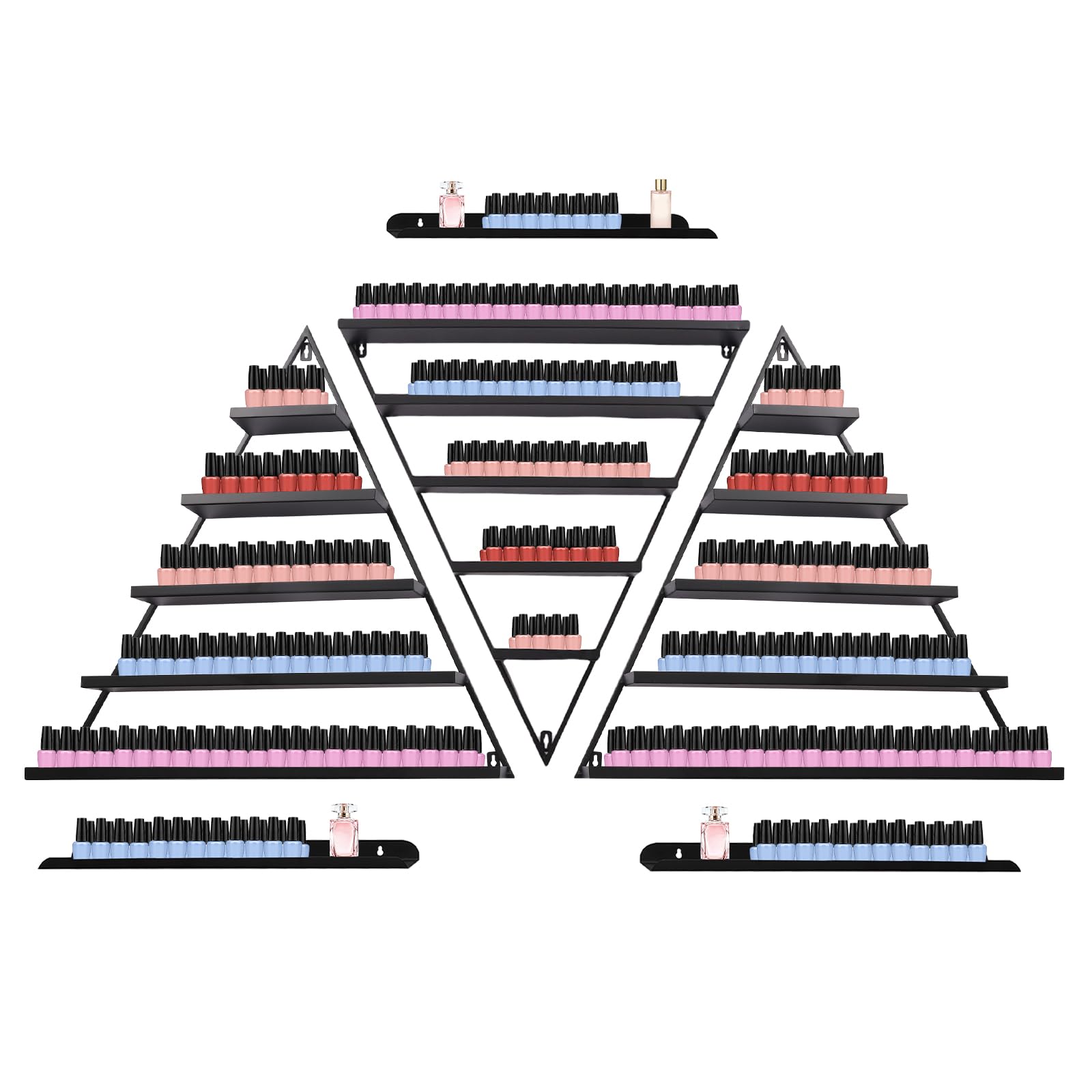 ATOLOMOTOR 5 Tier Wall-Mounted Metal Nail Polish Display Rack,Simple Triangular Storage Shelves,Essential Oil and Perfume Organizers,Cosmetic Display Cases for Home Spa Nail Salon Shop (Black)