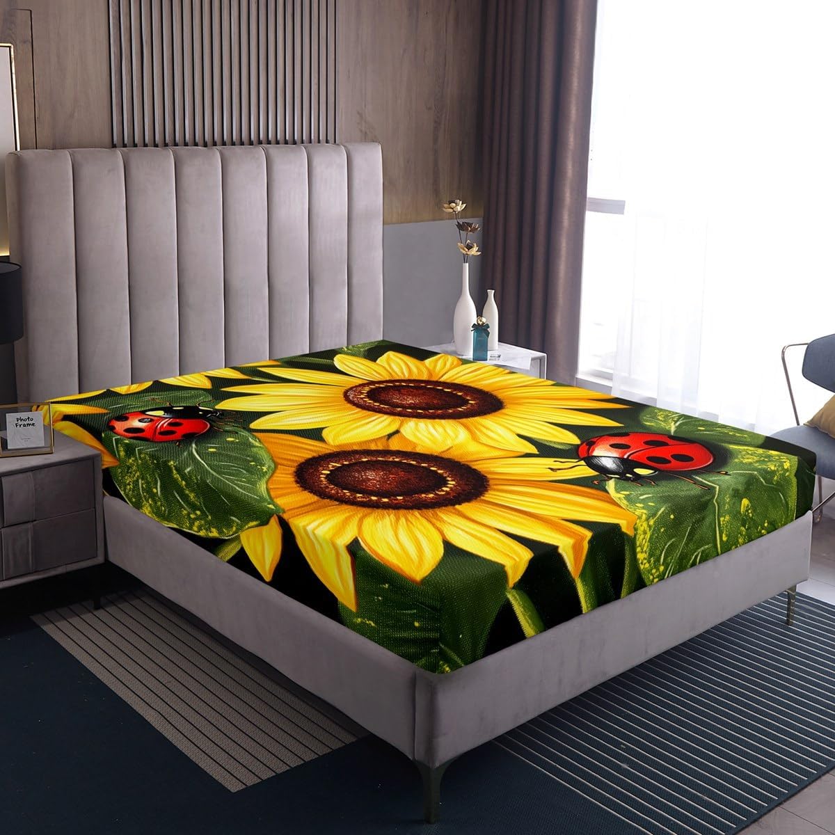 Sunflowers Ladybird Kids Fitted Sheet Full Size,Ladybug Beetle Insects Rustic Bedding Set,Girls Boys Room Decor,Floral Plant Botanical Nature Bright Bed Sheet,2 Pillowcases(No Flat)