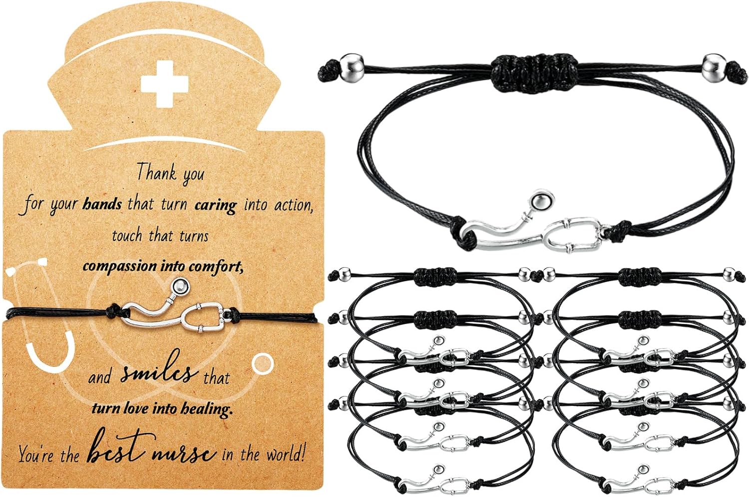 Woanger 50 Sets Nurse gifts Bracelet bulk Heart Stethoscope Appreciation Gifts with Blessing Card for Birthday Nurse Day Graduation