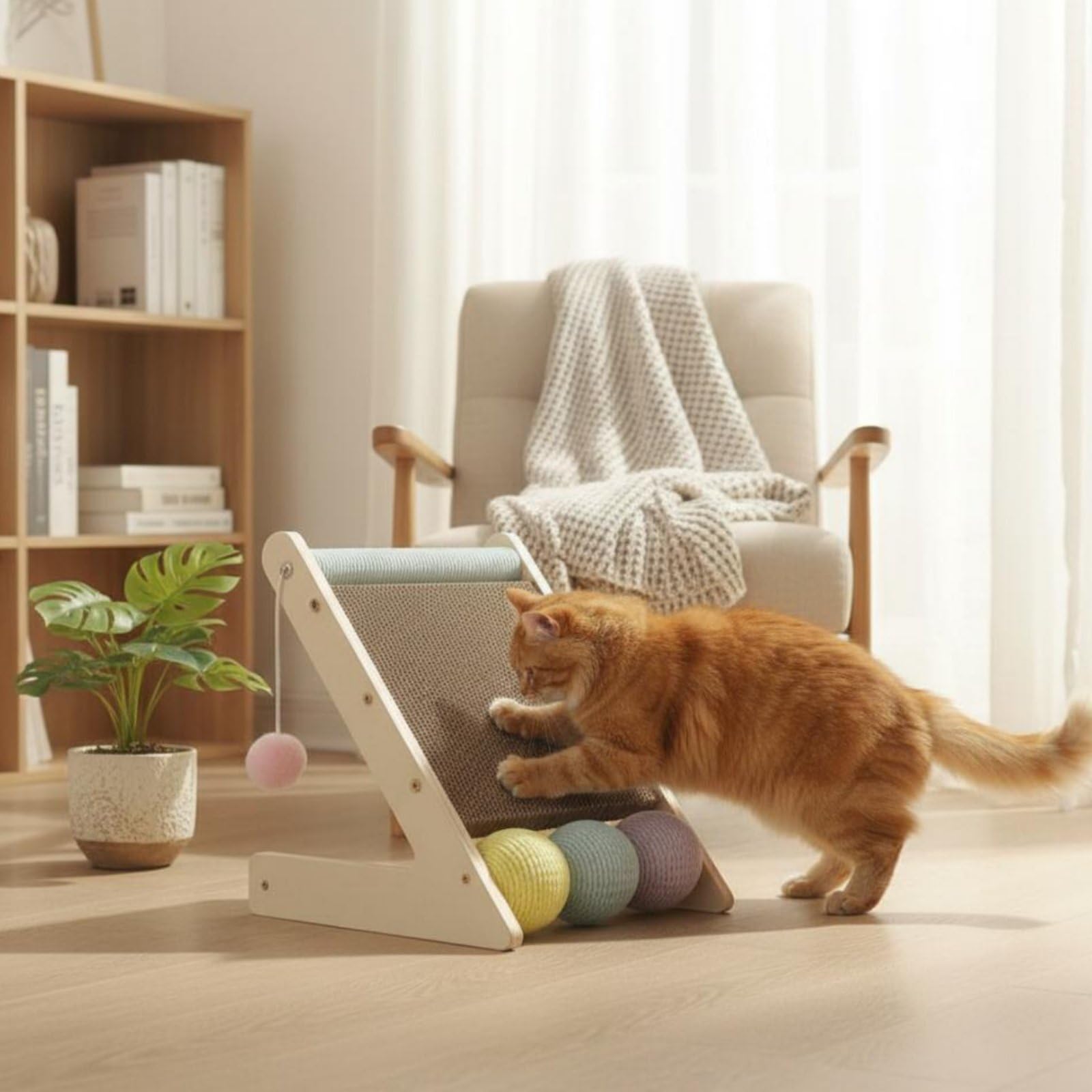 Griffoir Chat Carton Ondulé Ergonomic avec Boules Sisal et Jouet Tissu pour Chat Prévention Obésité et Digestion Saine
