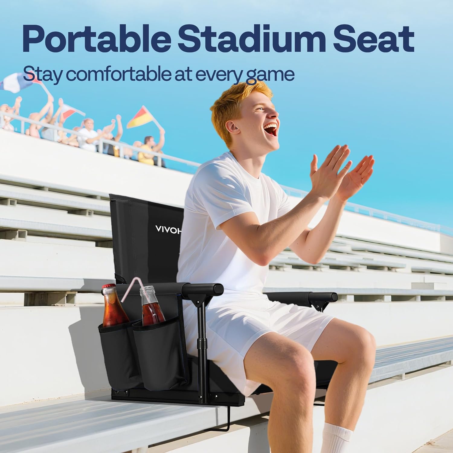 VIVOHOME Stadium Seat with Back Support and Cushion, Portable Bleacher Chair with Cup Holder and Shoulder Strap, Comfortable for Various Sports Events
