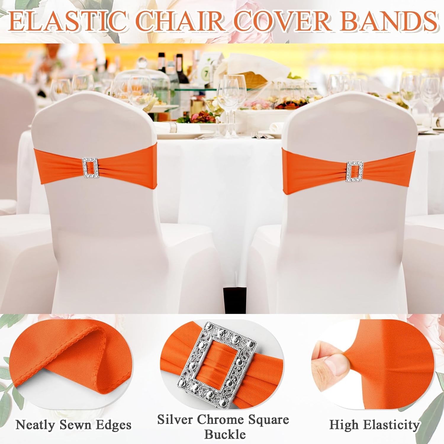 VitalCozy 100 Pcs Spandex Chair Sashes with Square Buckle Slider Stretch Chair Cover Band Universal Elastic Ties Straps Bows for Wedding Banquet Event Party Decoration(Orange)