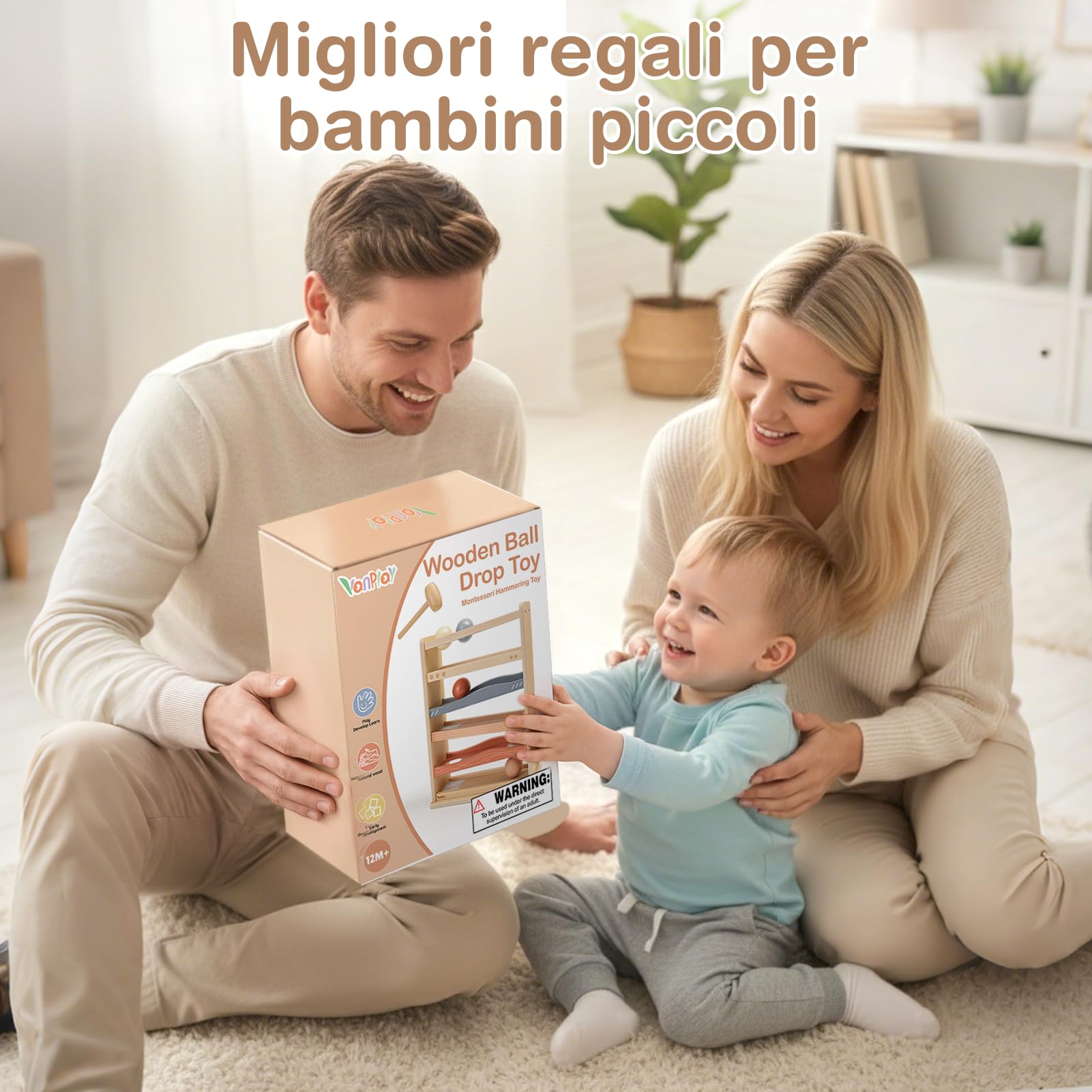 Vanplay Pista Biglie Legno Bambini 1 Anno Gioco Martello 4 Palline Giocattolo Montessori