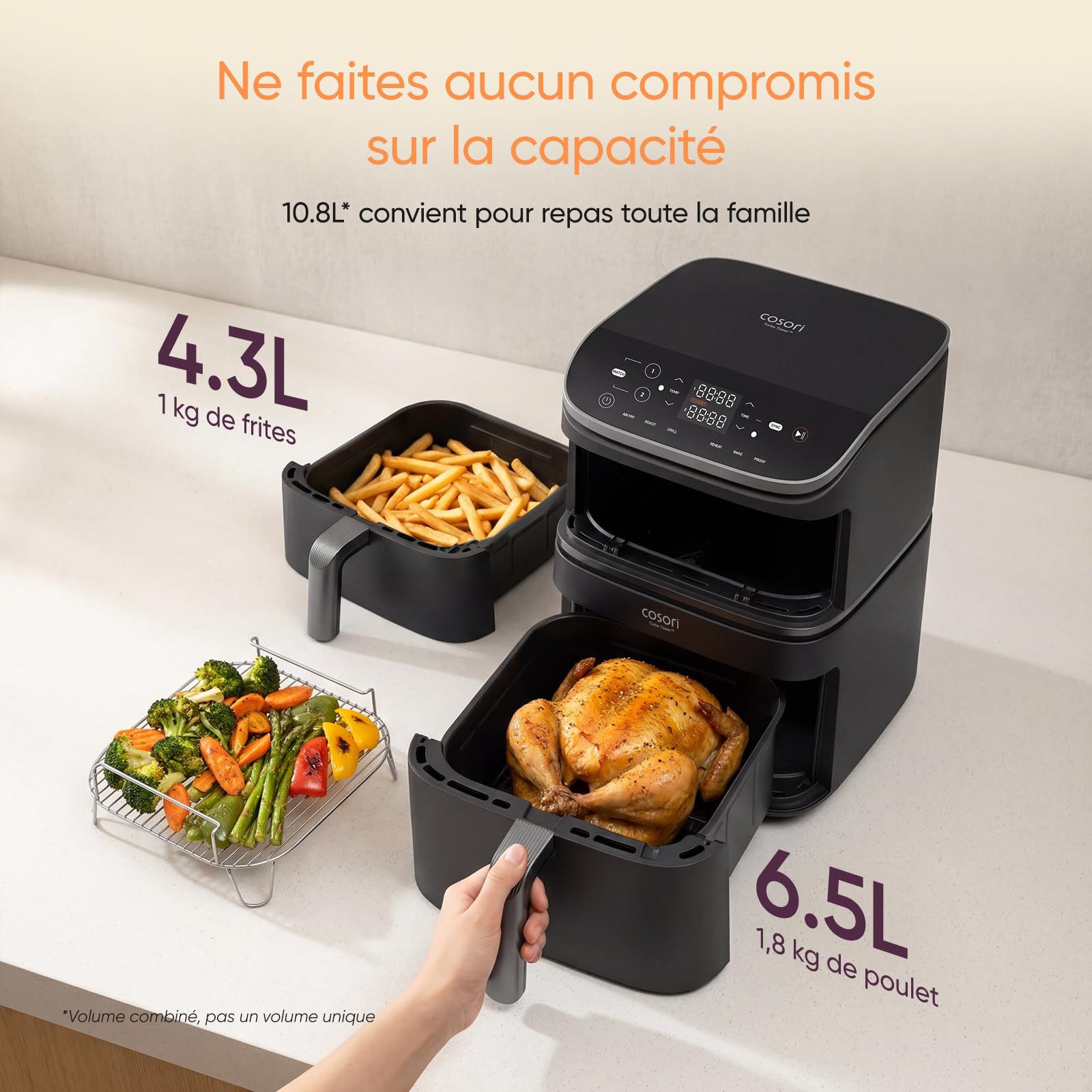 Cosori Air Fryer Turbo Tower 10,8L, 3 Niveaux Cuisson, 6-en-1 | Cuisson Homogène, Design compact, 41% Moins Large que les Double Airfryer Traditionneles, 19+ Recettes