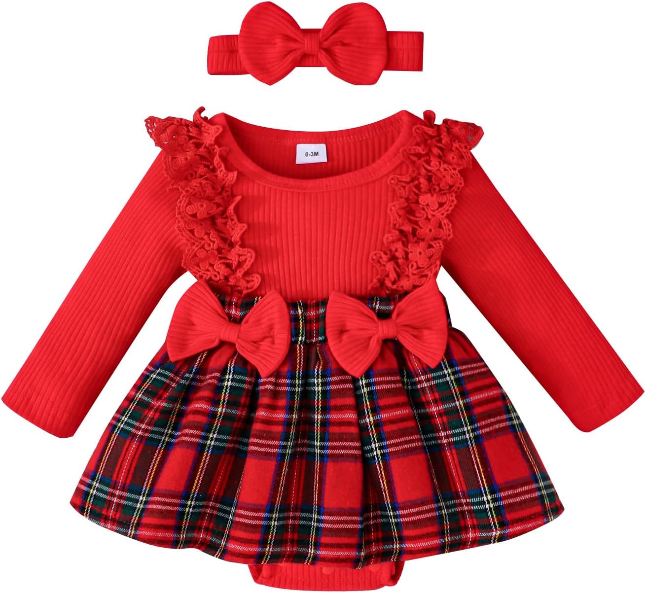 ChuYuKu Newborn Baby Girl Fall Plaid Romper Dress with Headband Toddler Winter Longe Sleeve Lace Outfit Clothes 0-18M