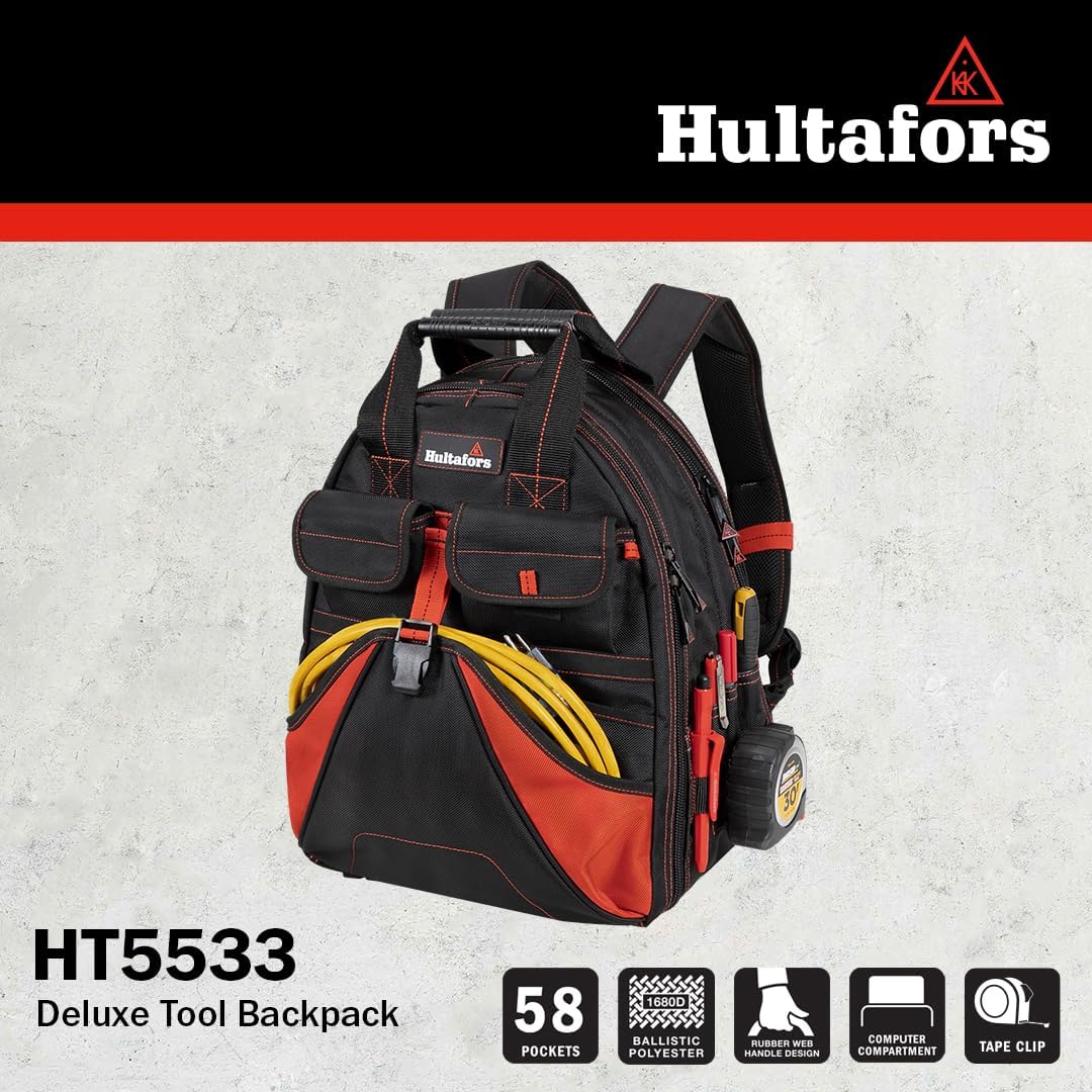 Hultafors Work Gear HT5533 Deluxe Tool Backpack, 58 Pockets