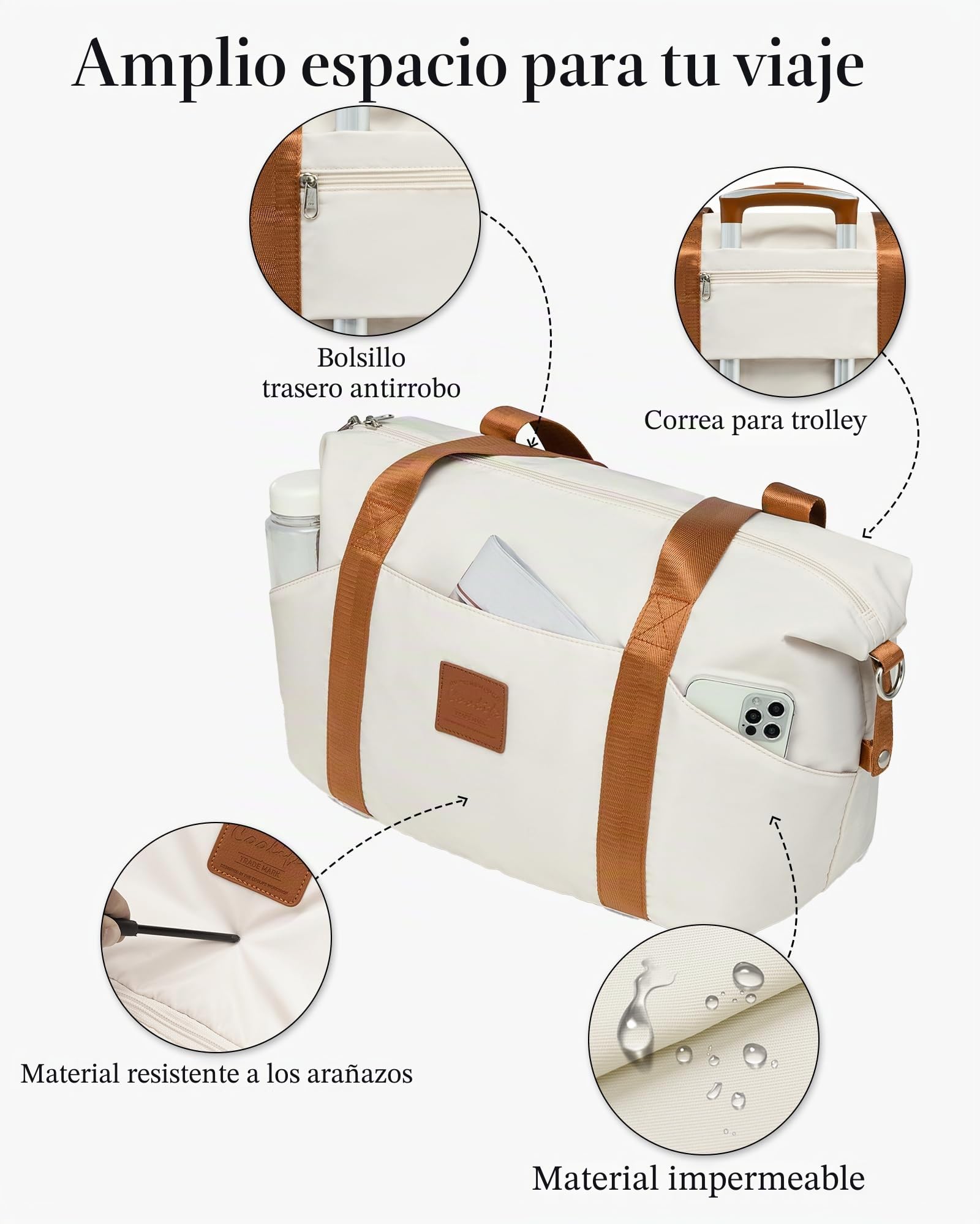 COOLIFE Maleta de cabina 55 x 35 x 20 cm para Ryanair, equipaje de mano, ligero, con candado TSA y 4 ruedas giratorias, blanco/marrón, 55X35X20cm -Set 2tlg