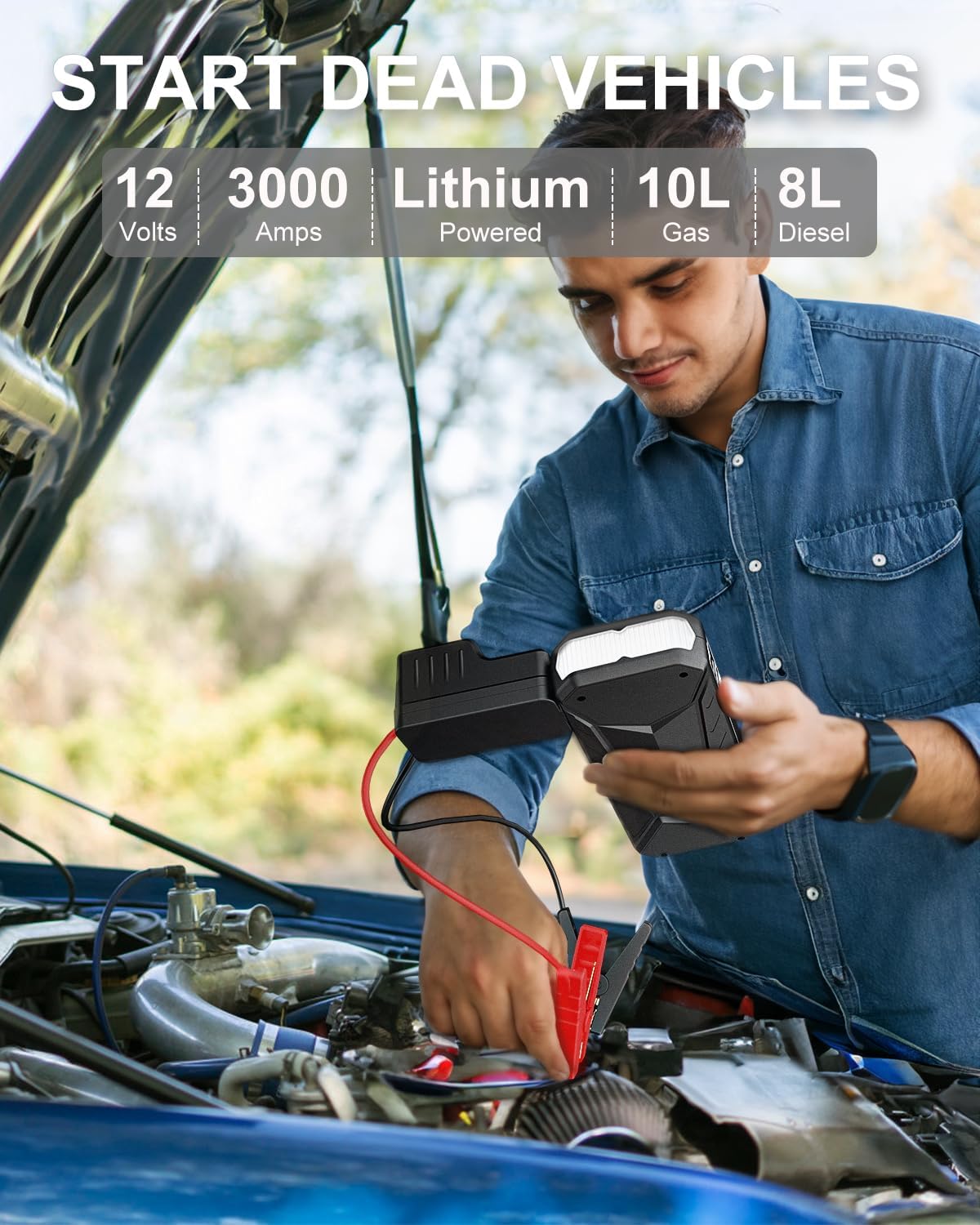 Man using the AWANFI J120 Jump Starter to start a vehicle engine.