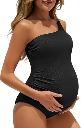 Summer Mae Maternity Swimsuit One Piece One Shoulder Ribbed Pregnancy Bathing Suit