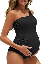 Summer Mae Ribbed Maternity Swimsuit One Piece One Shoulder Bathing Suit | Pregnancy Swimwear, Side Ruching, Stretchy Textured Fabric, Removable Pads, O-Ring Decoration, Babymoon, Pool and Beach Days