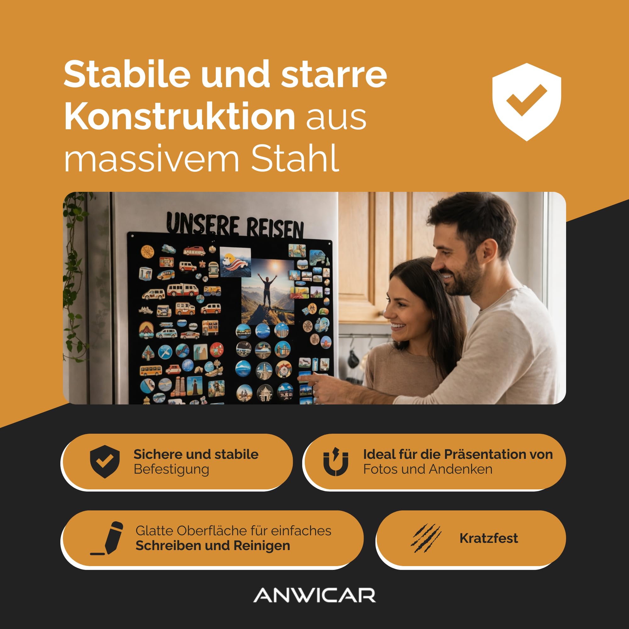 Magnettafel Schwarz 85x50cm Unsere Reichen, Metall Magnetische Tafel, Magnetboard, Magnetwand, Wandmontage, für Wohnzimmer, Küche Flur Kinderzimmer Büro, Tafel für Touristenmagnete Notizen und Fotos