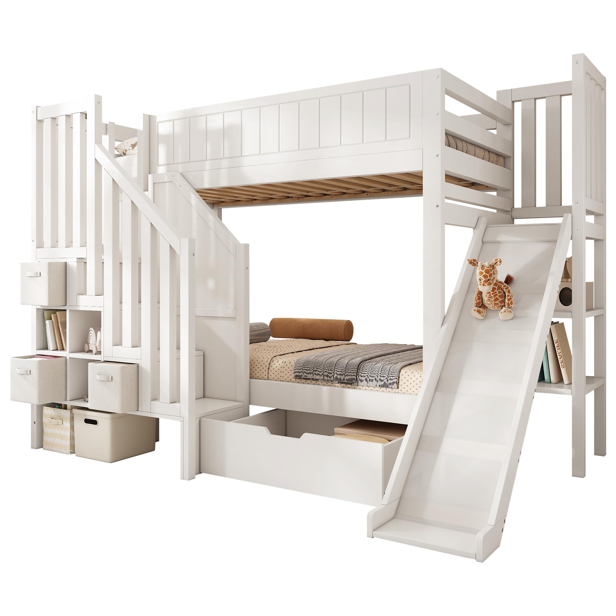 Letto a castello per bambini, 90 x 200 cm, scivolo, armadietto a scale, cassetti grandi, scaffale aperto, bianco, rete a doghe, sicurezza, ideale per famiglie con più bambini, senza materasso