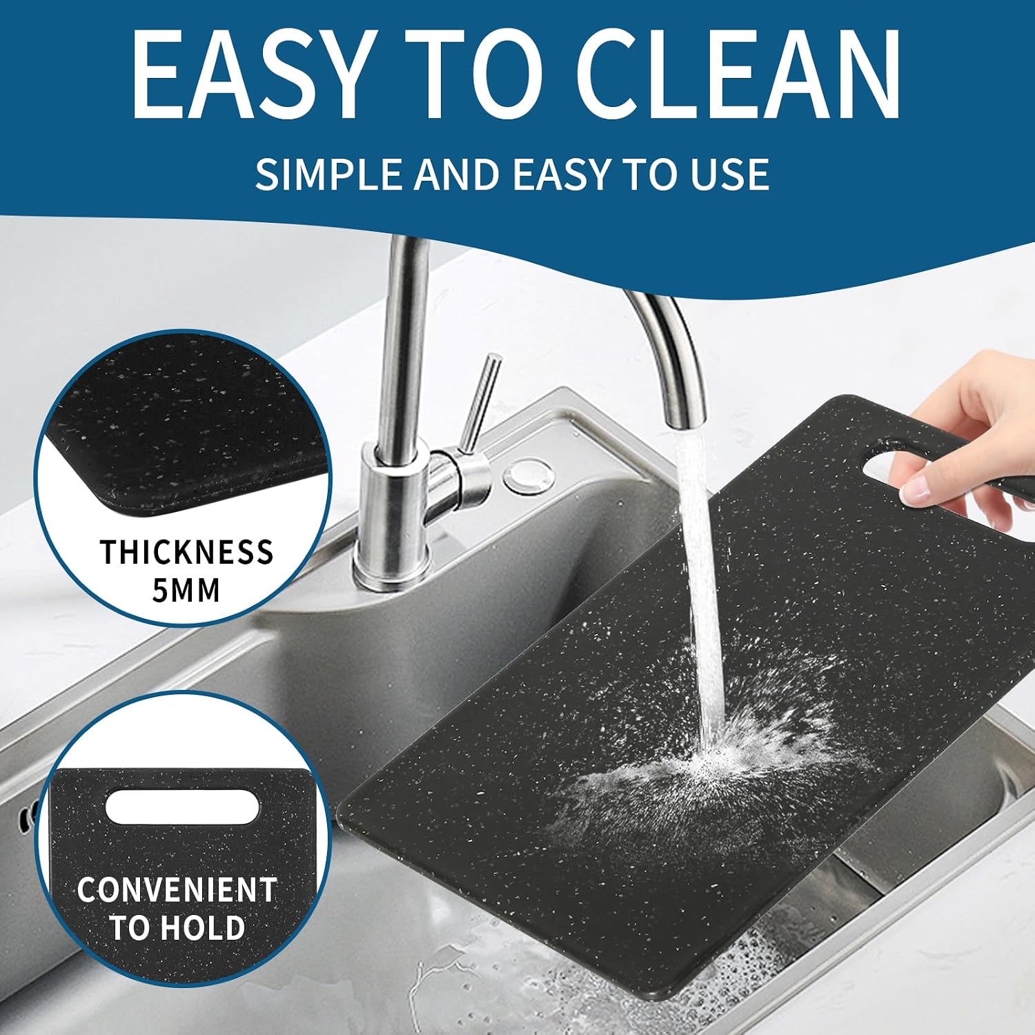 2 Pcs mini plastic cutting boards for the kitchen, in granite color, are suitable for food preparation, fruit and vegetable cutting.They feature an easy-to-hold design （6" x 10"，White+Black)