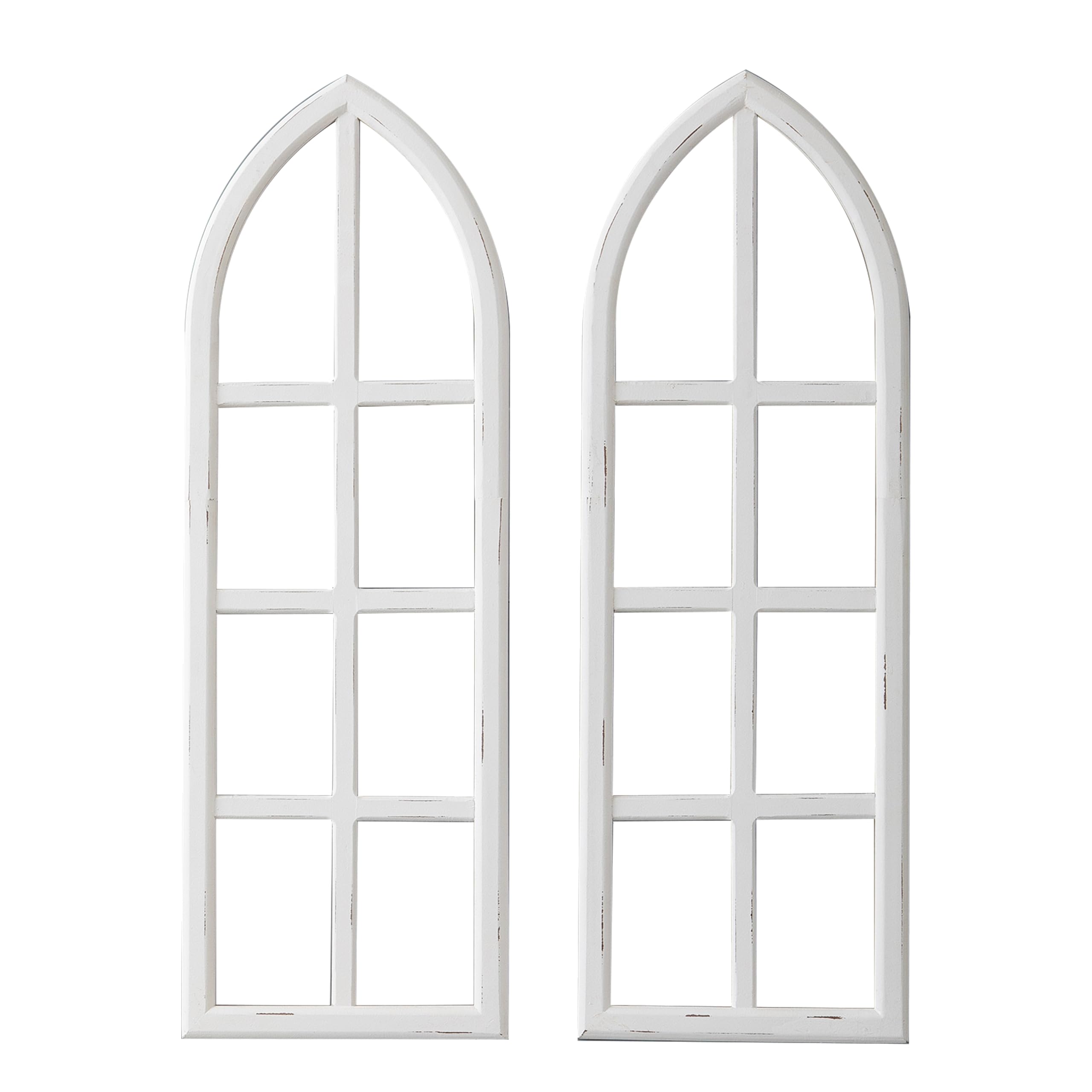 Hanging Rustic White Wood Arched Window Frame Wall Decor Set of 2, Handmade Distressed Finish Farmhouse Faux Windows for Walls Living Room Dining Room Enteyway Hallway Bedroom