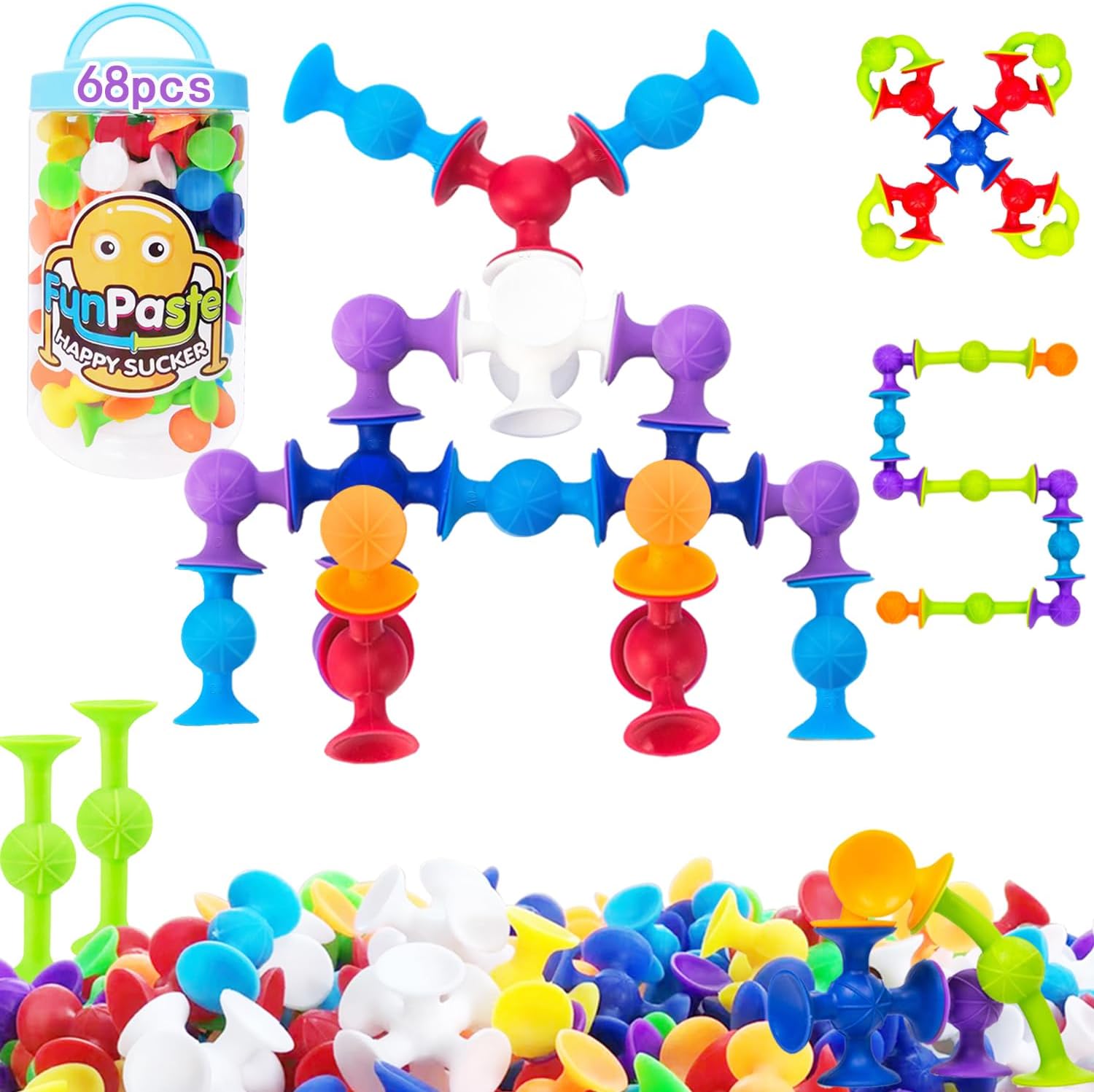 - 68 Piece Suction Cup Toys Bath Toys, Construction Set Silicone Building Blocks Stocking Stuffers DIY Blocks Sucker Toy Bathtub Toys, Sensory Toy for Toddlers 3-8 Year Old Boys Girls
