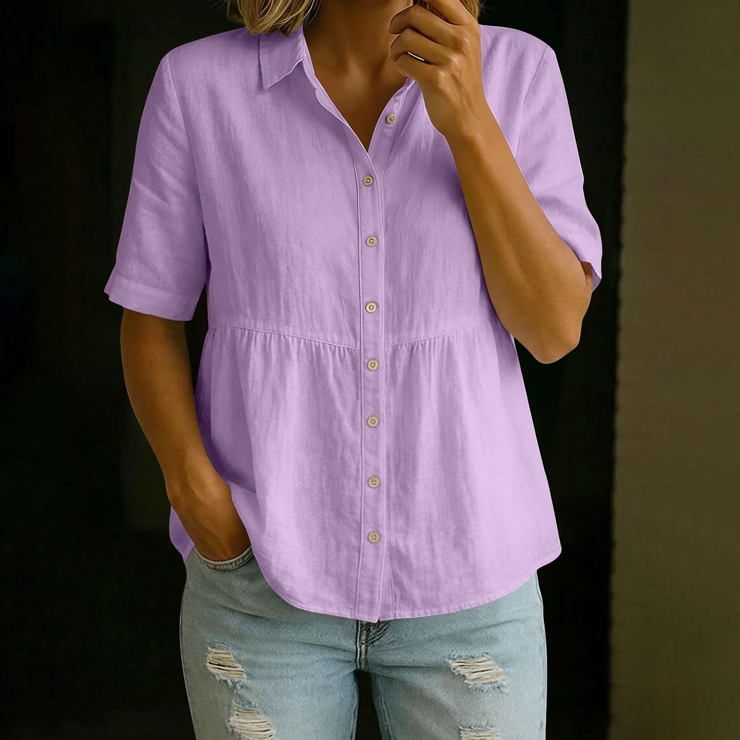 Cotton Linen Tops for Women Short Sleeve Button Down Shirts Casual Loose Blouse Work Office Spring Summer Tunic Tops