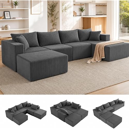 Weture 121''Modular Sectional Sofa with 2 Ottoman, Boneless couches for Living Room Furniture,Comfort U Shaped Sofa， Deep Seat Corner Couch，No Assembly Required（Gery，Corduroy）