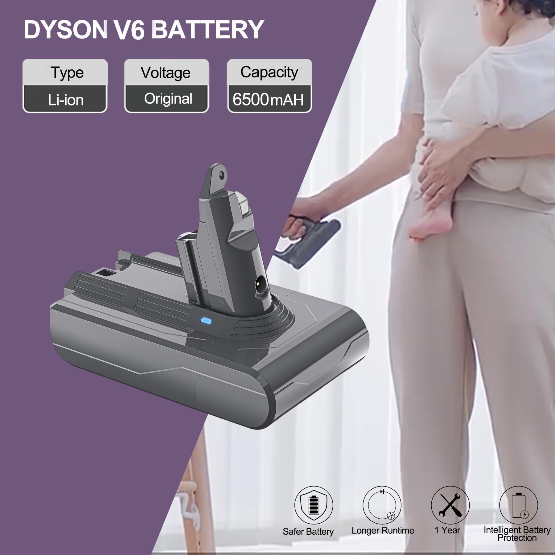 Akku für Dyson V6 DC62, LONGFIT Ersatzakku Li-ion 6500mAh Dyson V6 Animal Trigger Fluffy Motorhead Absolute, DC58 DC59 DC61 DC62 DC72 DC74 SV03 SV05 SV06 SV07 SV09