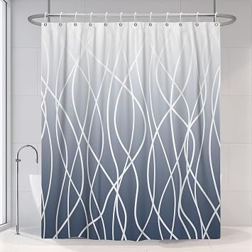 Ombre Blue Striped Shower Curtain for Bathroom 72"x72", Geometric Modern Shower Curtain Set with Hooks 72 Inches Long Fabric Waterproof Hotel Bath Accessories Machine Washable