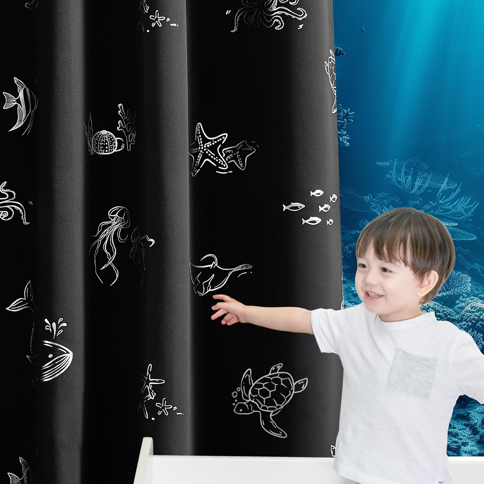 Vangao Kids Curtains for Boys Bedroom Kids Blackout Curtains 63 Inch Length Ocean Aquarium Nursery Drapes for Girls Bedroom Silver Sea Animals Print Thermal Insulated Drapes, Black 2 Panels