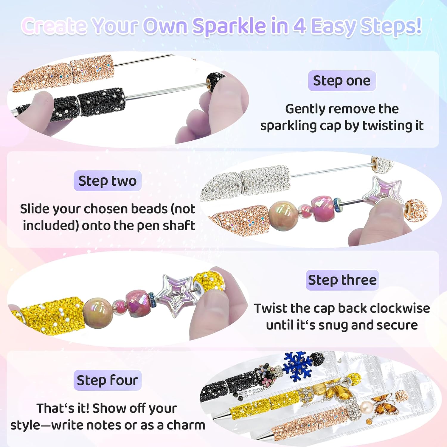 DASTTUIS 48 Pcs DIY Diamond Beadable Pen Kit - 16 Plastic Rhinestone Beaded Pens Bulk with Refills & Bags - Beaded Pen Kit for Students & Teachers – School Projects, Office Gifts (Advanced) image 4