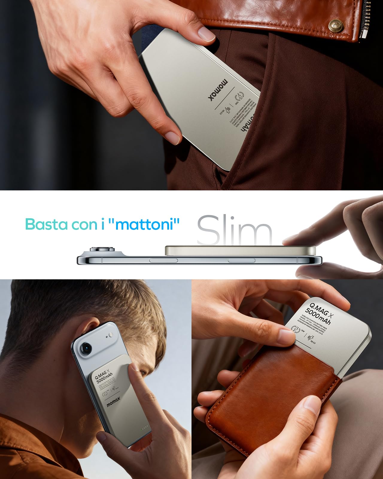 MOMAX MagSafe Powerbank 5000 mAh, 0,83 cm Ultra Sottile Wireless Caricatore 15W Ricarica Rapida Powerbank, Ricarica Rapida PD da 20 W Tramite USB-C, per iPhone serie 17/16/15/14/13/12, Titanio