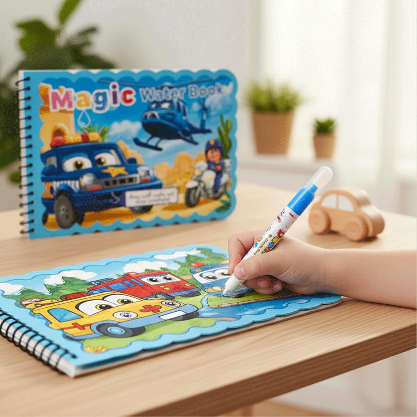 LEMONSTONE Kolorowanka wodna wielokrotnego użytku, Magic Water Colouring Book z kredką wodną, kolorowanka Water Wow, kreatywna kolorowanka wodna, dla dzieci, prezent (środek transportu)