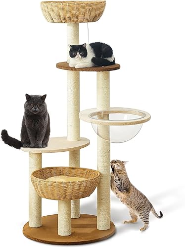Torre moderna para gatos grandes, condominio de lujo de sisal natural real, torre de madera tejida a mano para gatos, árbol rascador para gatos de