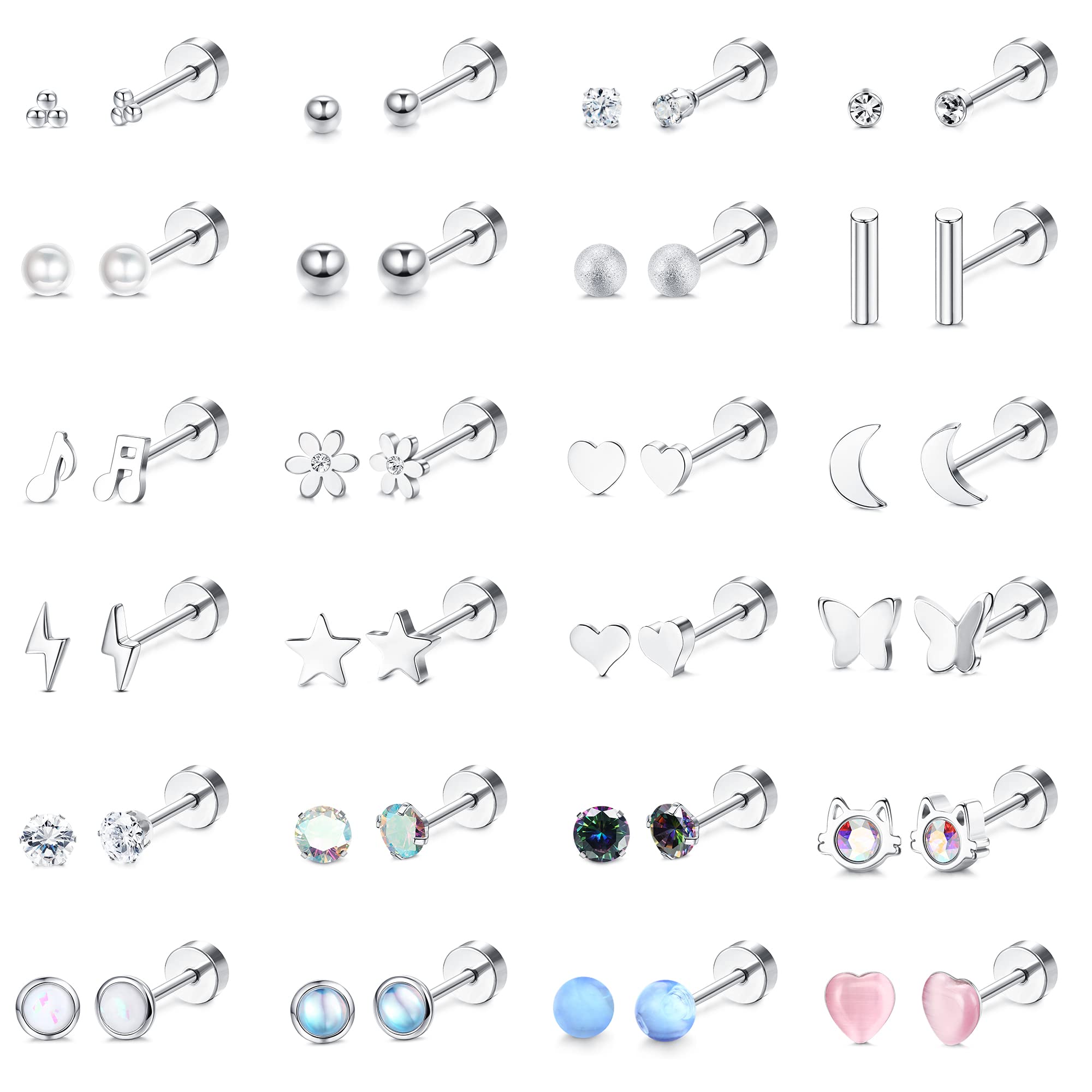 Adramata 24 Pares Pendientes para Mujer Acero Inoxidable Pendientes Juego Cartílago Hélice Pendientes Piercing Hipoalergénicos con Parte Posterior Plana Plata Pendientes para Mujeres Niñas