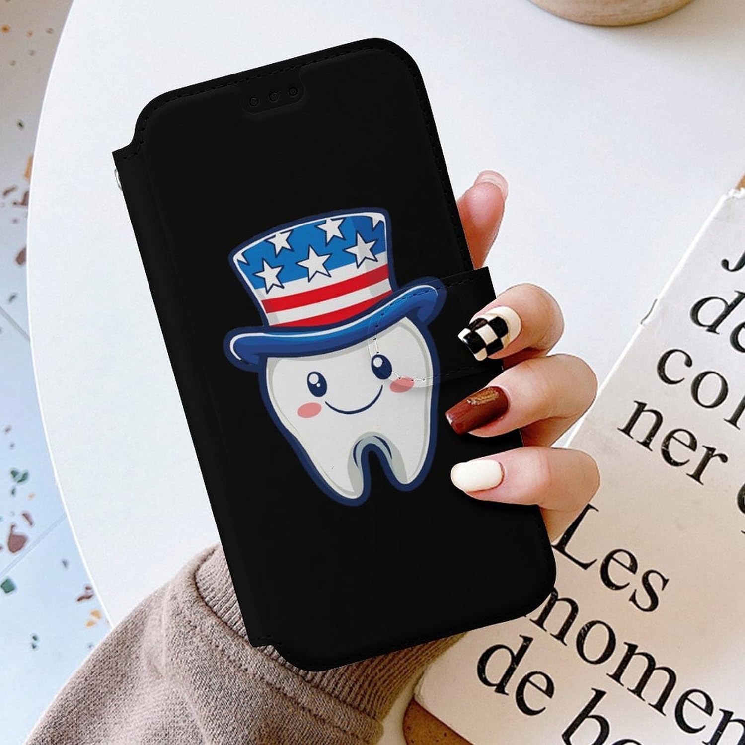 4th of July U.S. Tooth Compatible with iPhone 16/16 Plus/16 Pro/16 Pro Max/16 E Case Phone Wallet Card Holder Flip Cover with Wrist Strap