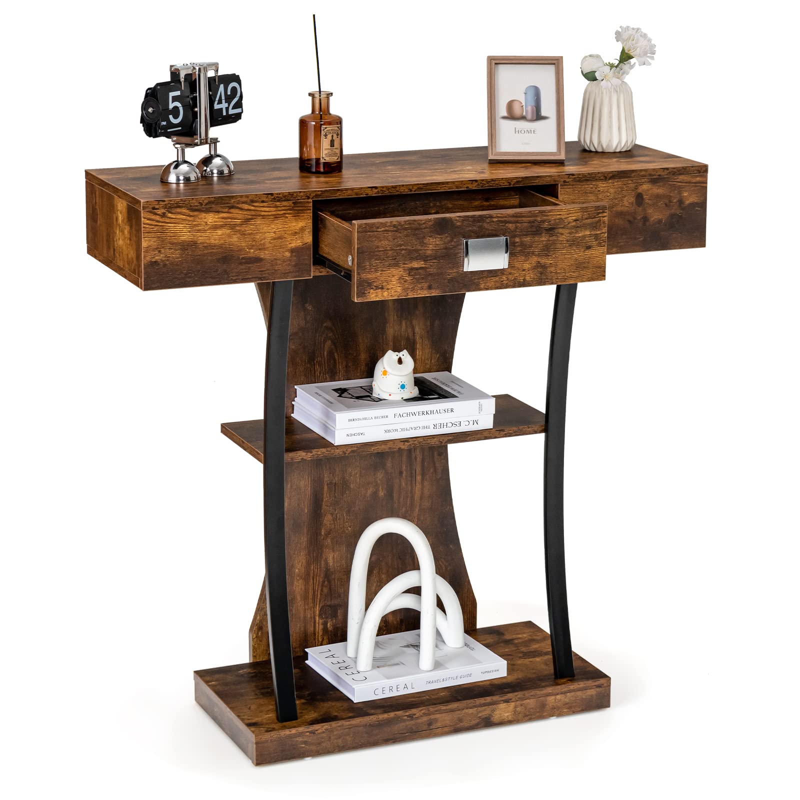 GOPLUS Consoletafel met 2 etages, smalle haltafel, gelakte bijzettafel, van hout, stabiel met zijdelingse X-vormige steunstaaf, in landhuisstijl, voor hal, gang, woonkamer (wit GOPLUS Consoletafel met 2 etages, smalle haltafel, gelakte bijzettafel, van hout, stabiel met zijdelingse X-vormige steunstaaf, in landhuisstijl, voor hal, gang, woonkamer (wit