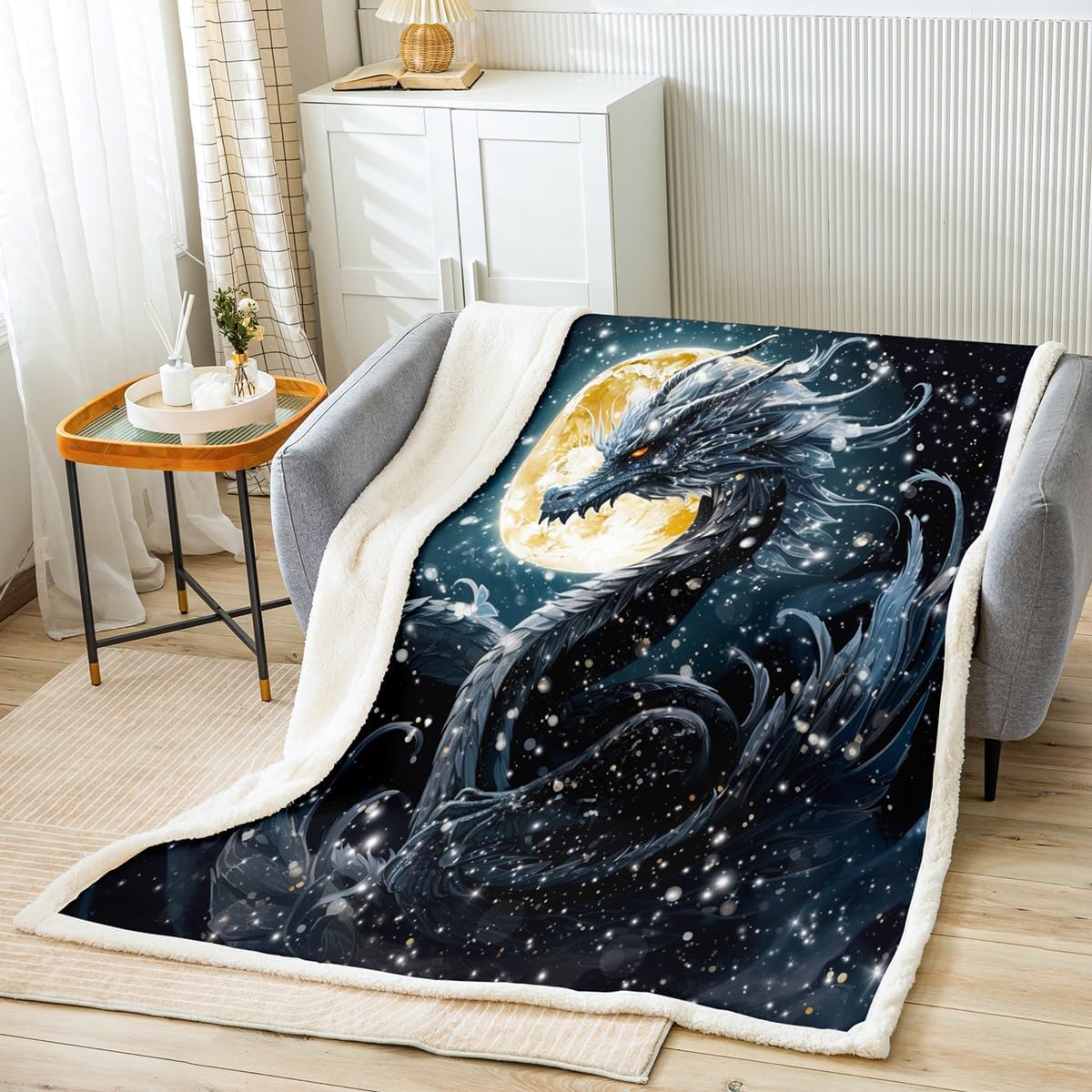 Castle Fairy Black Dragon Bed Blanket Kids Girls Dragon Pattern Sherpa Blanket Soft Cozy Lightweight Sky Moon Plush Fleece Cool Dragon Blanket Gifts for Bed Chair Office Sofa(Throw 50"x60")