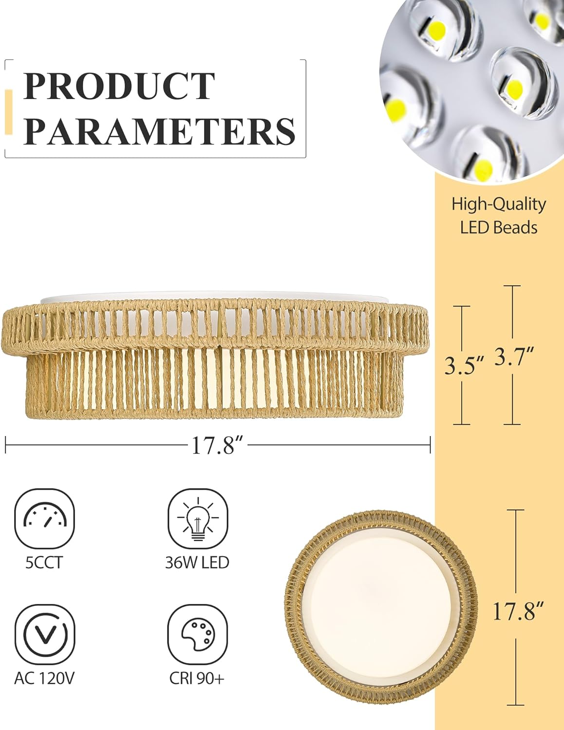 Boho Light Fixtures Ceiling Mount, HWH 18'' Rattan Ceiling Light Fixtures with Remote Control, 36W LED Ceiling Lighting Handwoven Twine Cage 5CCT, 5HYS78LF-LED