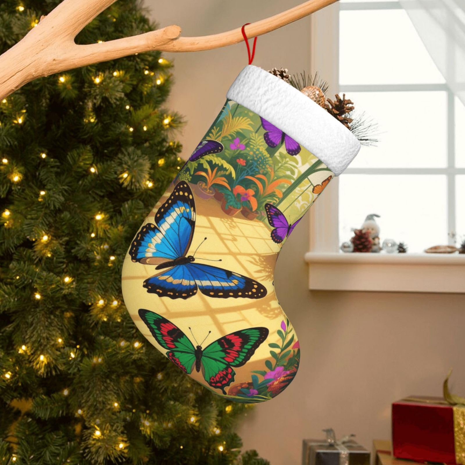 Velvet Christmas Stockings 17.7 Inch, Aesthetic Butterfly Xmas Stocking with Soft Cuff,Classic Personalized Christmas Tree Decoration for Family Holiday New Year Party Supplies