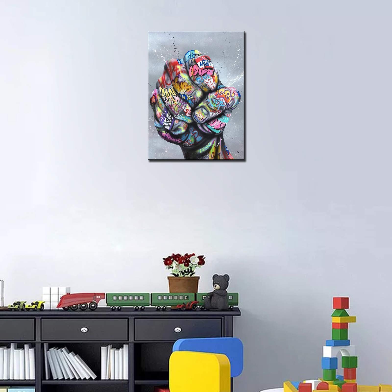 Norse Decor Abstract Graffiti Picture Clenched Fist Painting Banksy Street Art Artwork for Man Cave 1 Panels Canvas Wall Art HD Prints Home Modern Decor Framed Giclee Ready to Hang(12''Wx16''H) - Image 4