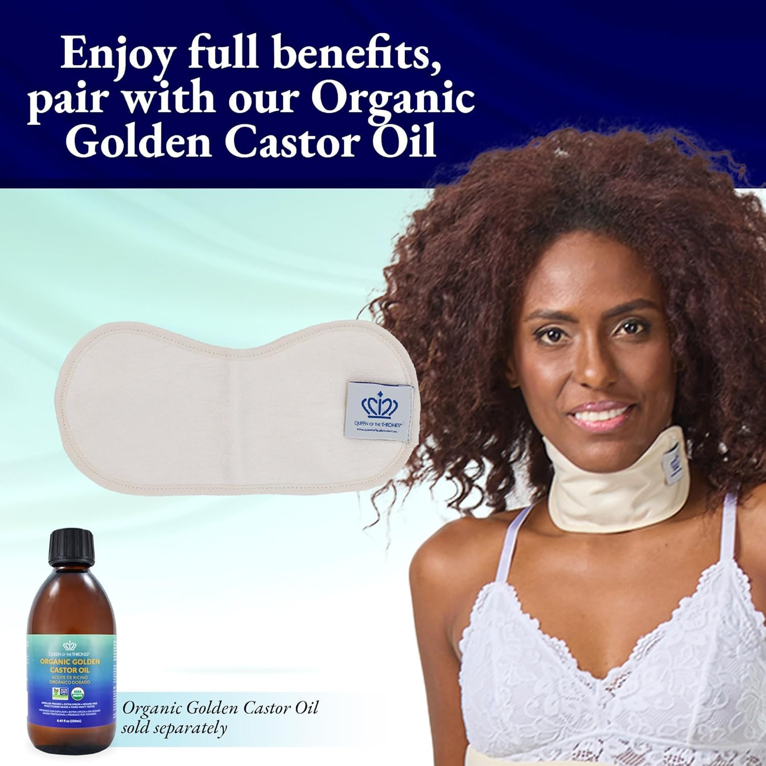 QUEEN OF THE THRONES Castor Oil Pack for Thyroid - Heatless, Less-Mess, Reusable - Organic Cotton Flannel, Comfort Fit, Soft Straps & Naturopathic Doctor Designed