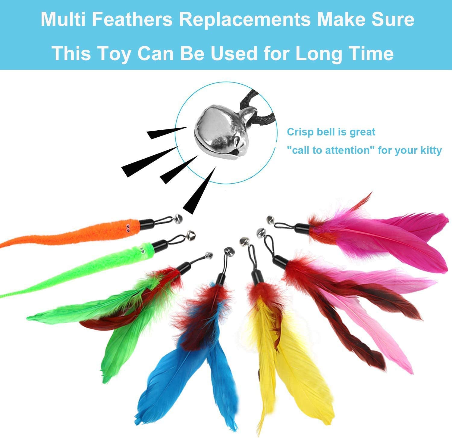 Fariox Feather Teaser Cat Toy, 1 Pcs Retractable Interactive Cat Teaser Rods, 10 Pcs Replacement Colorful Feather Refills with Bells, Feather Dangler Funny Exercise for Indoor Cat Kitten Catcher 1