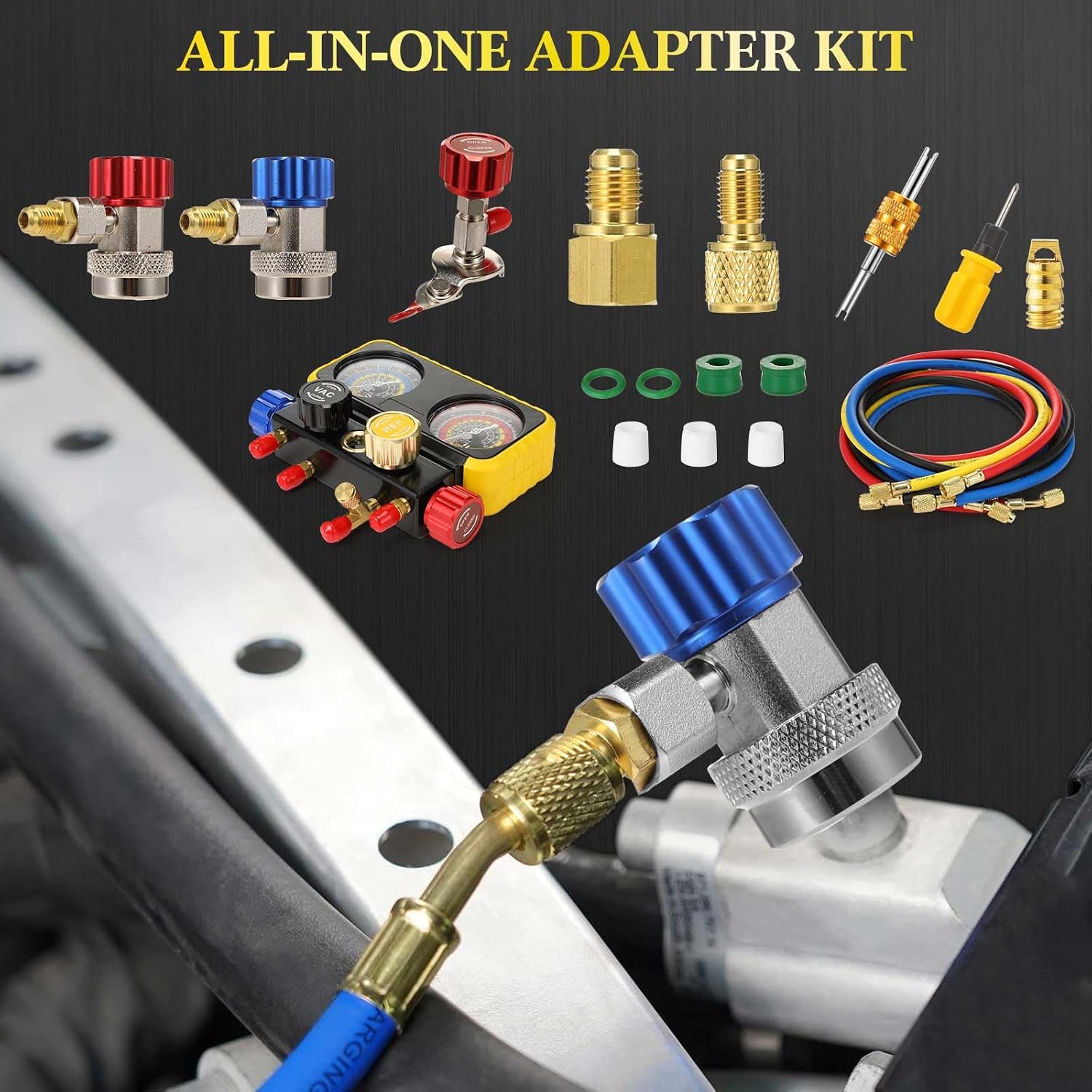 Tellegloww AC R1234YF R134A Gauge Set AC Gauge Set, Automotive 4 Way AC Manifold Gauge Set Compatible with R1234YF R134A and R404A Refrigerants HVAC Gauges with Hoses for Car Charging and Evacuation