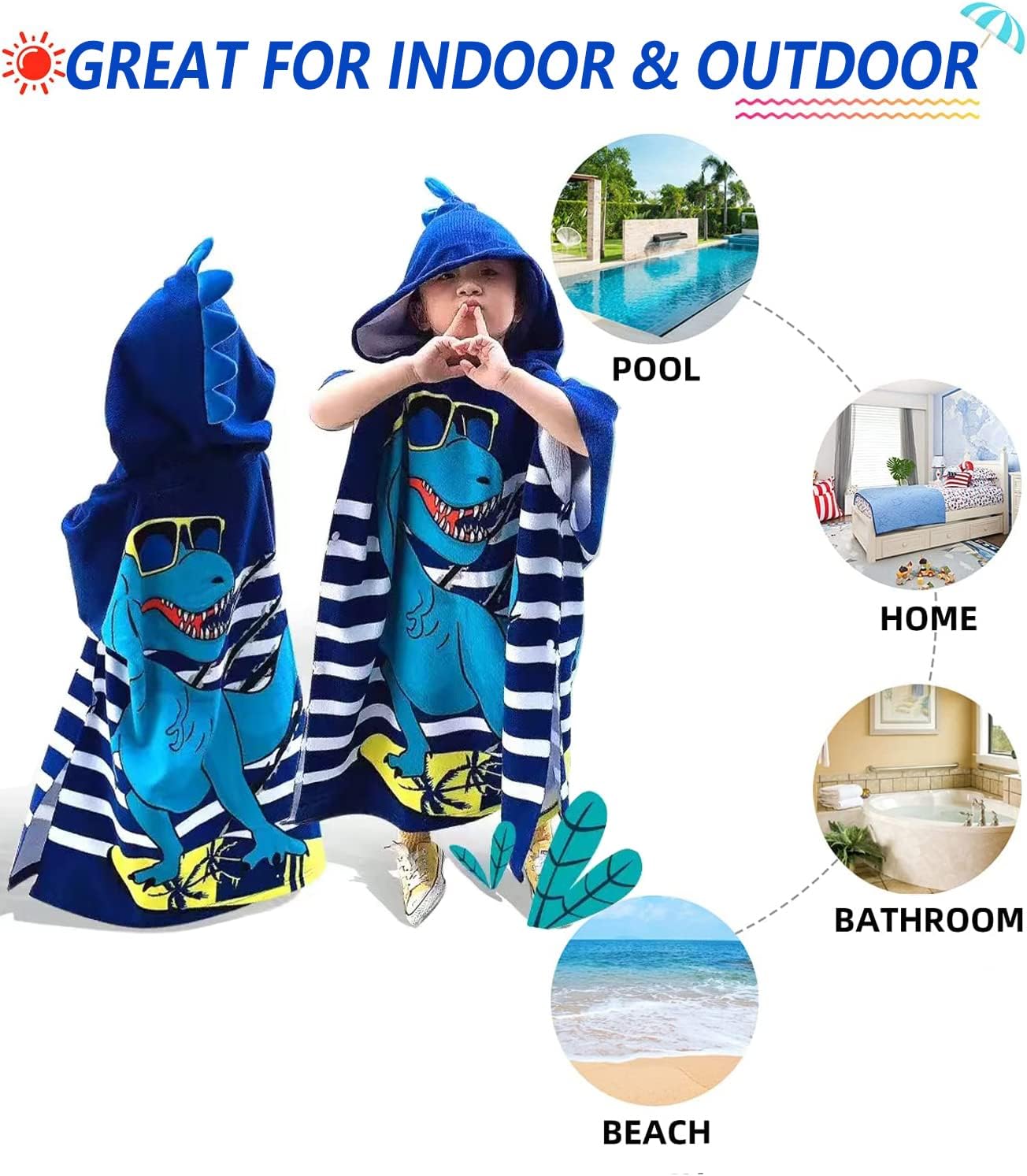 Dinosaur Beach Towel with Hood for 4-10 Years Boys Girls Hooded Towels Bath Robe for Kids with Drawstring Bag