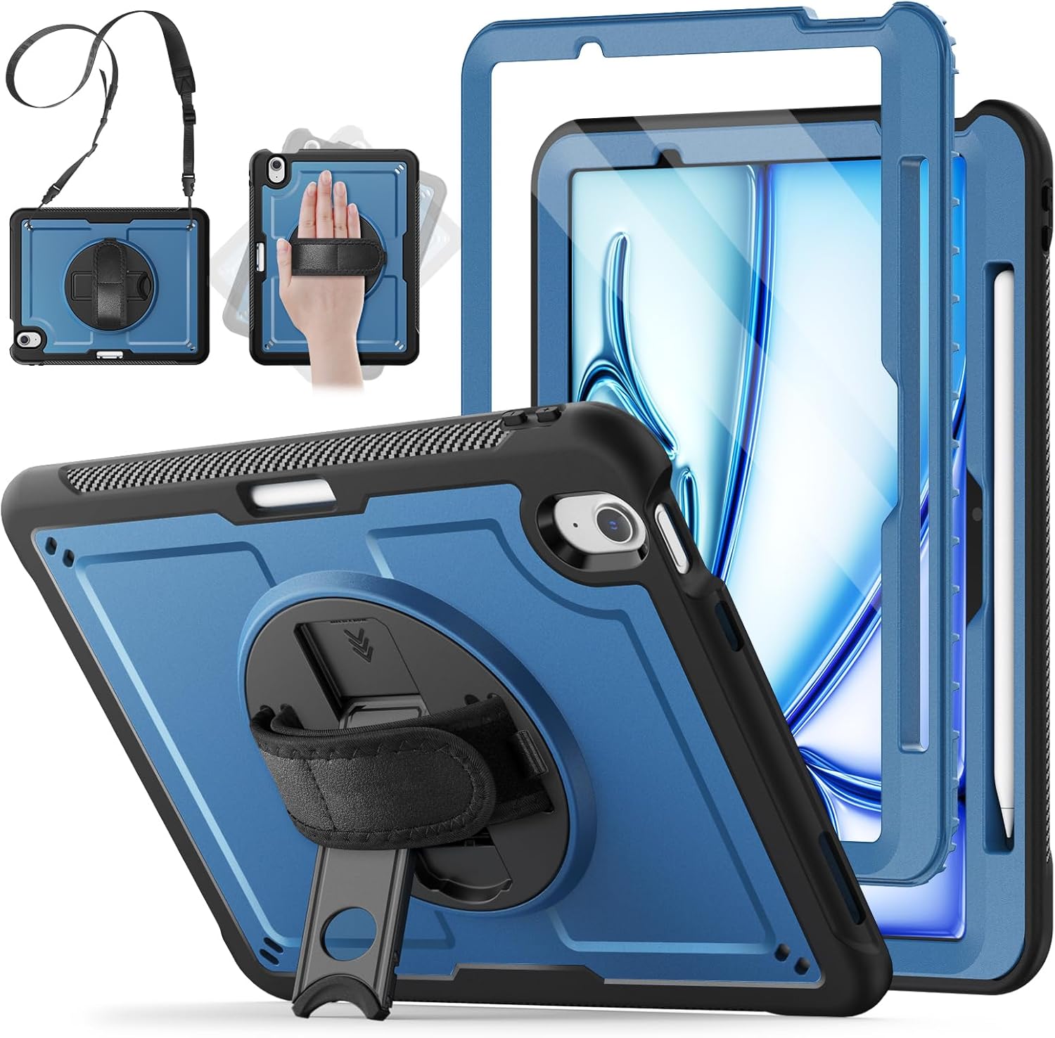 SCSVPN Case for iPad Air 11-inch M4/M3/M2 (2026/2025/2024), Full Body Shockproof Rugged Protective Slim Cover with Screen Protector, 360° Rotating Stand, Hand/Shouler Strap, Pencil Holder (Navy Blue)