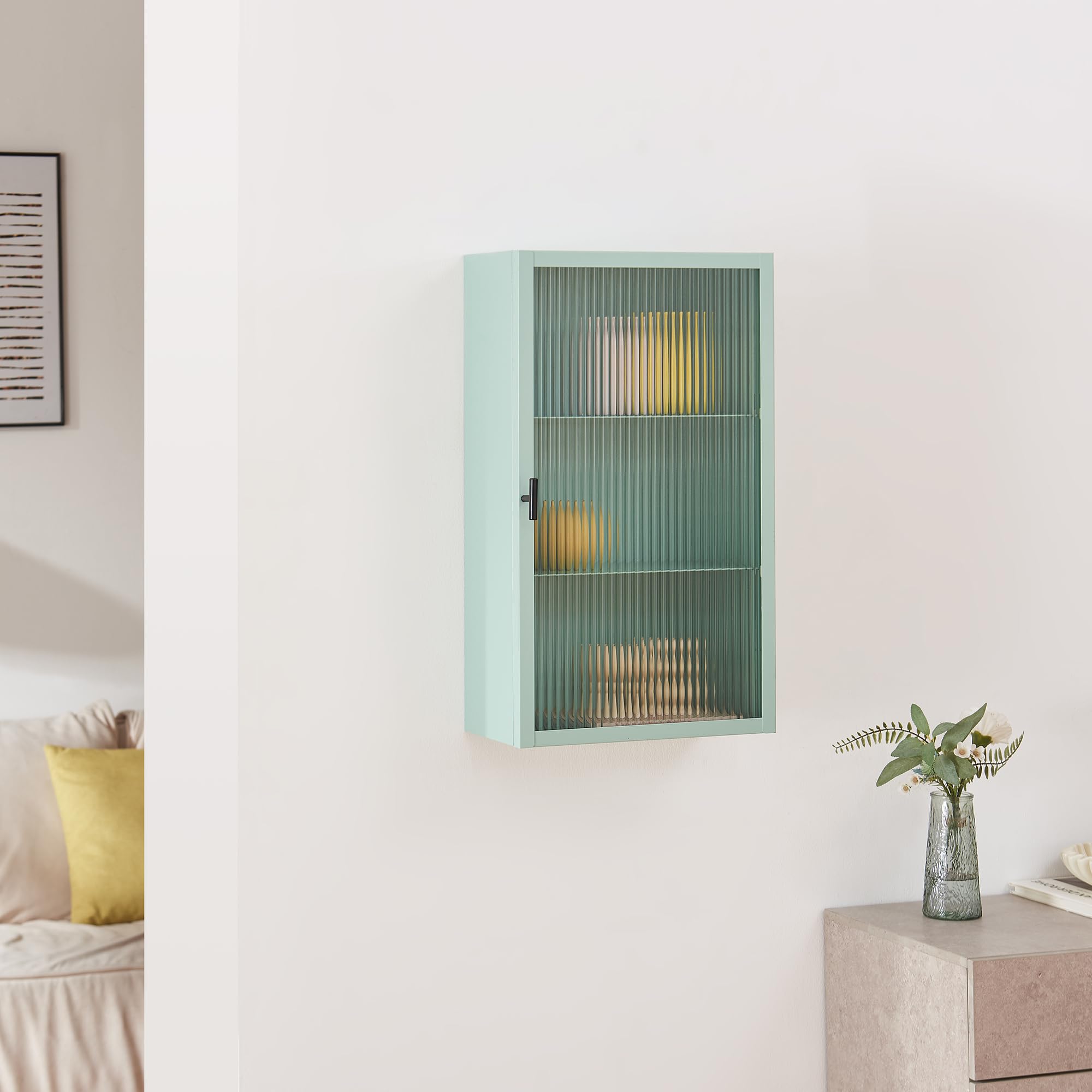 [en.casa] Armario de Pared Zundert Mueble Baño con 1 Puerta de Vidrio Acanalado Mueble Auxiliar de Cocina con 3 Compartimentos Cerrados Acero 60 x 35 x15 cm - Verde Menta