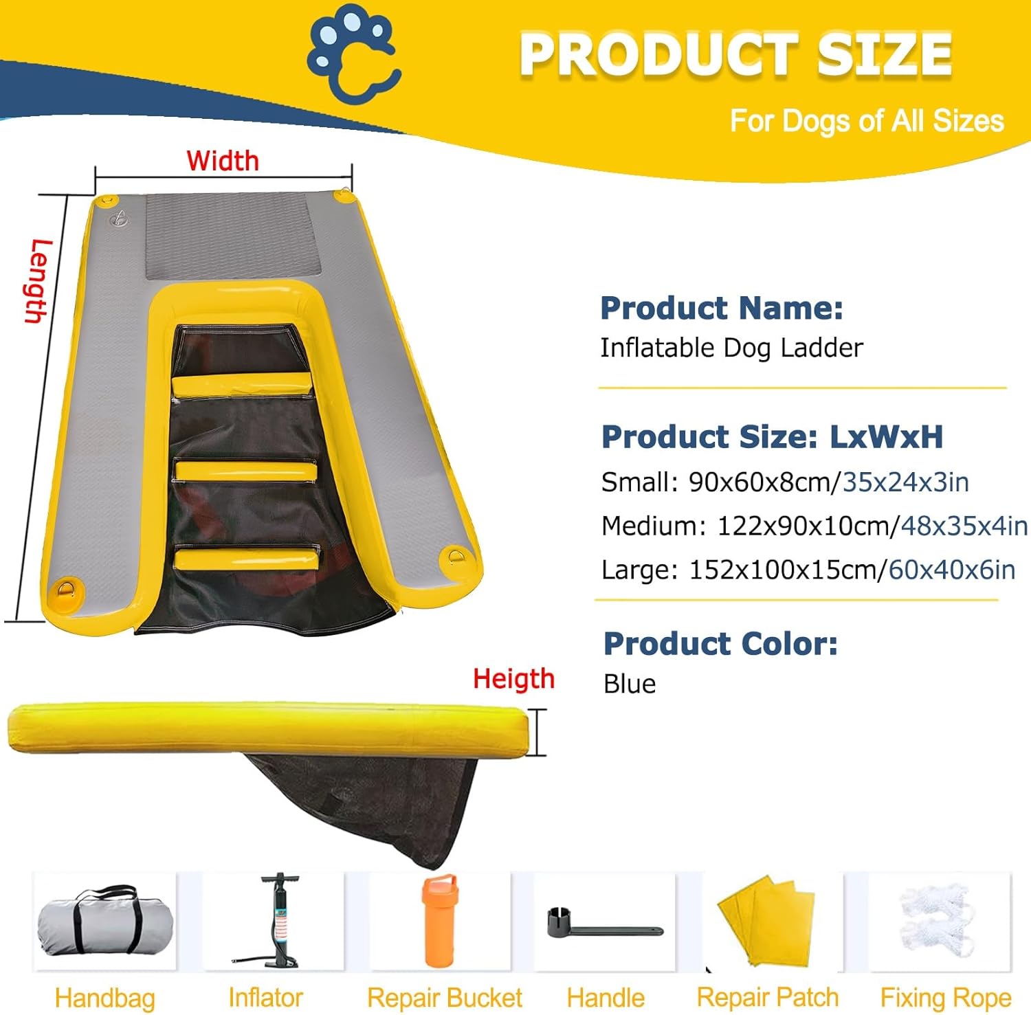 Inflatable Dog Pool Ramp with Heavy Duty Fabric, Non-Slip Dog Pool Float for Large Dogs with Underwater Bottom D-Ring(Small)