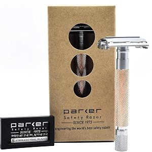 Parker 74R Rose Gold Long Handle Butterfly Open Safety Razor for Men Heavyweight Double Edge Razor Includes 5