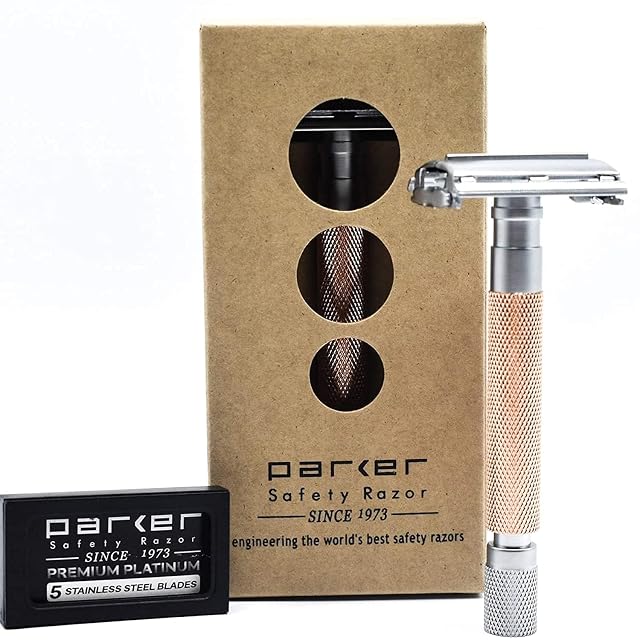 Parker 74R Rose Gold Long Handle Butterfly Open Safety Razor for Men Heavyweight Double Edge Razor Includes 5