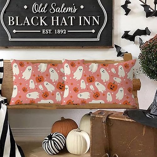 Miniatura 5 de Fundas de almohada de Halloween de 12 x 20 pulgadas, diseño de calabazas fantasmas, de lino rosa, para interiores y exteriores, decoración de sofá