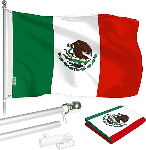 G128 Paquete combinado asta de bandera giratoria de aluminio de 6 pies (plateado) y bandera mexicana de México de 3 x 5 pies, serie LiteWeave