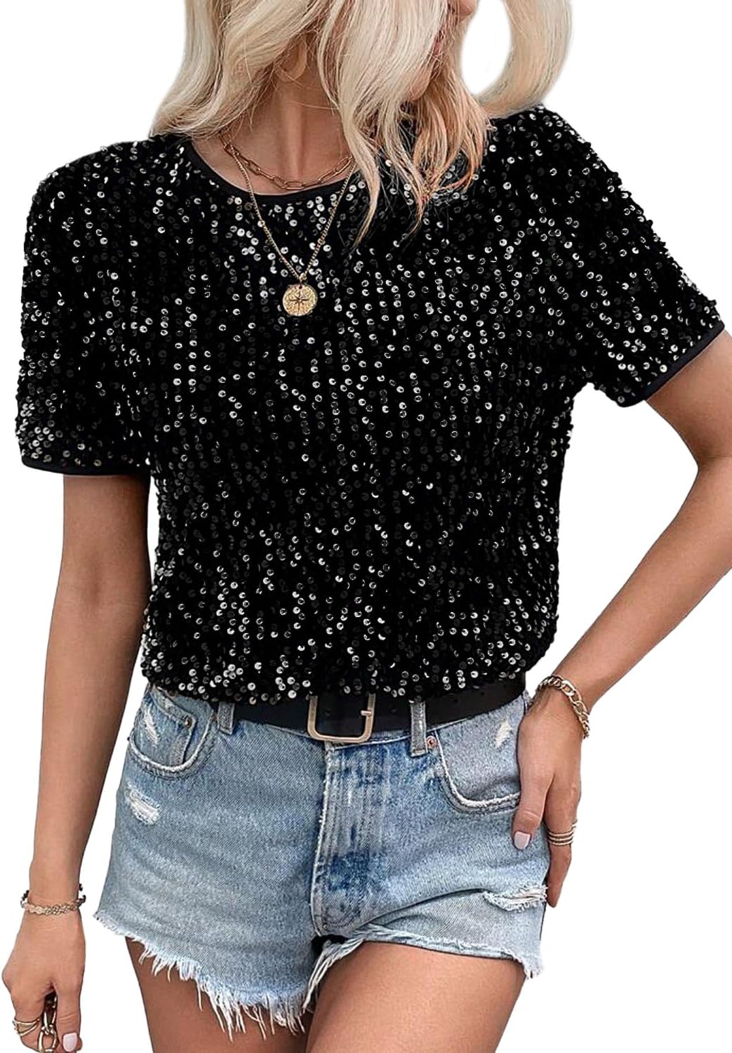 Monanoat Women's Sparkle Sequins T Shirts Casual Short Sleeve Top Shimmer Going Out Rave Top Tee