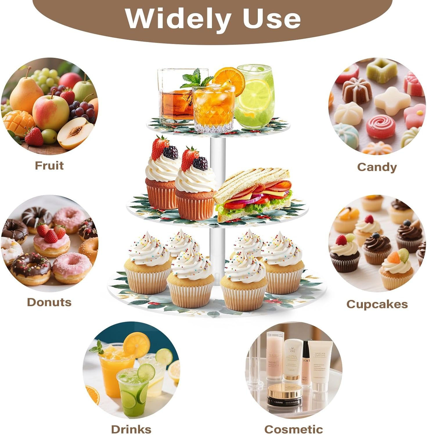 Cupcake Stand Eucalyptus Leaves Dessert Tower 3-Tier Round Acrylic Cupcake Display Stand