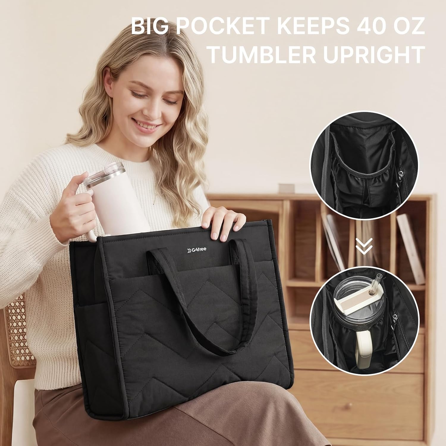 G4Free Tote Bag for Work, Lightweight Quilted Tote Bag Travel Compartment, Handbag with 40oz Holder for Women Teacher Nurse